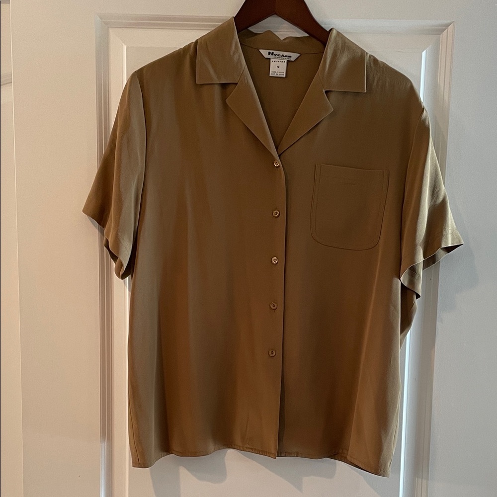 Short Button-Up Silk Camp Shirt in Olive-Tan by Nygard